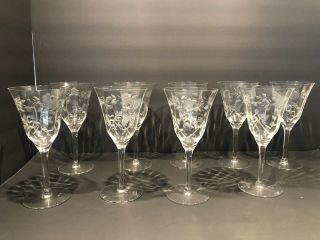 Crystal Stemmed Water Or Wine Goblets Etched Set Of 9 Vintage & Antique