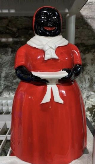 Antique Vintage Black Woman In A Red Dress And Apron Cookie Jar Ceramic