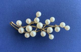 Vintage 10k Yellow Gold And Pearl Brooch Pin With 17 Pearls