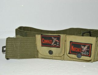 Vintage Military Green Ammo Belt Compass Matches Knife Pockets Made In Japan