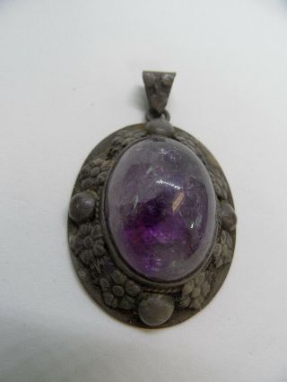 Old Vintage Sterling Silver Necklace Pendant Large Oval Purple Amethyst Gemstone