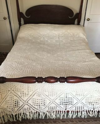 Antique Hand Crocheted Cotton Bedspread Ecru Circa 1930 - 90 X 95,  Fringe
