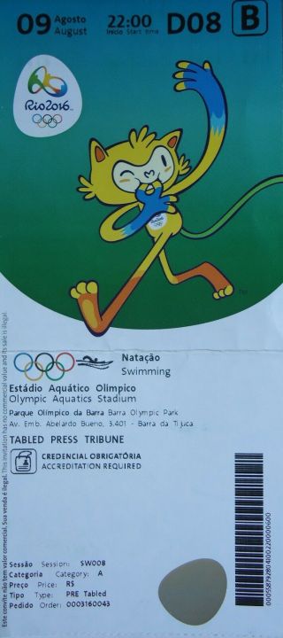 Ticket M 9.  8.  2016 Rio Olympic Games Schwimmen D08
