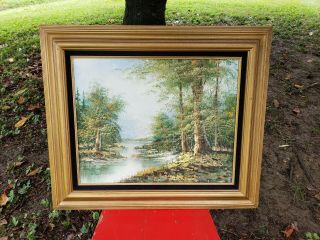 Vintage Oil Painting On Board Framed Forest Landscape With Stream