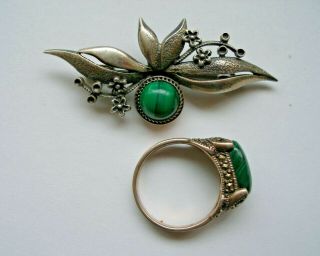 Antique.  Silver (875) Set Of Ring And Brooch Green Stone Decoration.  Made In СССp