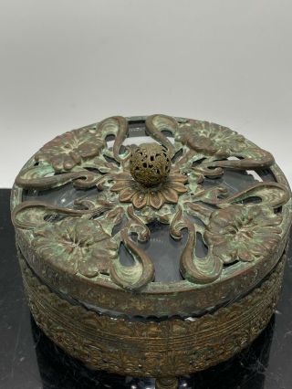 Antique/vtg Art Nouveau Brass Filigree Gold Ormolu Flower Glass Powder Box Jar