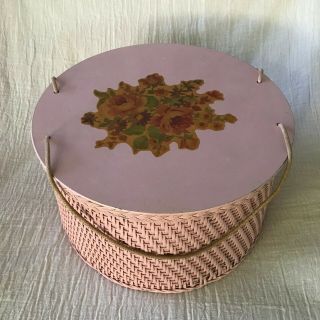 Vintage Rose Pink Wicker Sewing Box,  Round With Roses Decal