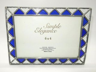 Vintage Stained Leaded Glass Blue Silver Clear Photo Picture Frame 5” X 7”