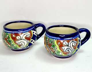 Vtg Pair 2 Signed Talavera Hand Painted Coffee Mugs Cup Floral Mexican Pottery