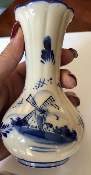 Vintage Delft Blue White Bud Vase Floral Holland 5”