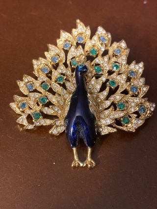 Vintage Peacock Bird Rhinestone Enamel Figural Brooch Pin Gold Tone Metal