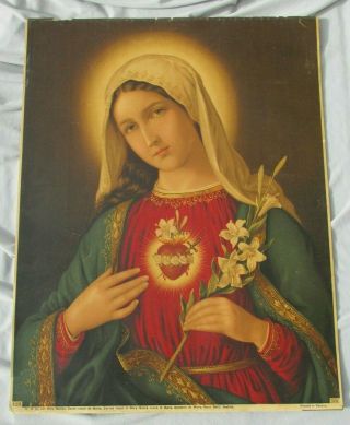 Antique Sacred Heart Of Mary Large Color Saxony Print