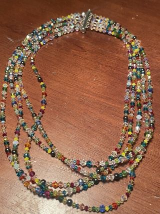 Vintage Multi 5 Strand Aurora Borealis Crystal And Hematiteglass Beaded Necklace