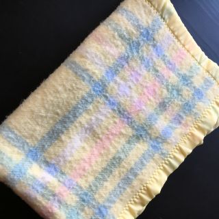 Vintage Woolies Babes Yellow Pastel Plaid Baby Blanket Acrylic Binding