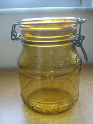 Vintage Embossed Amber Glass / Floral Canning Jar / Italy / 1 Liter