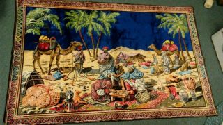 Vtg Velvet Tapestry Rug Wall Hanging Camel Red & Blue & Gold 48 " X 74 "