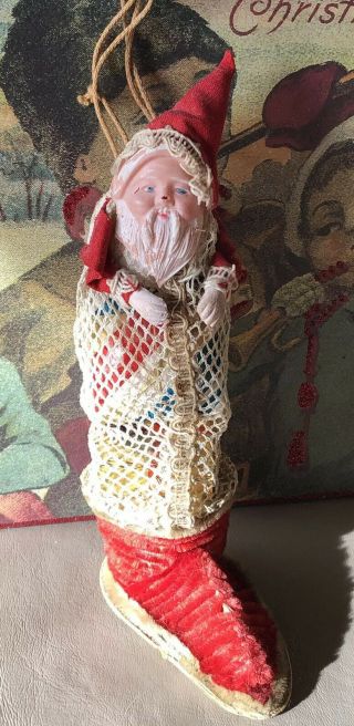 Antique Chenille& Celluloid & Mesh Santa Boot Stocking Candy Container