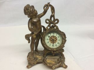 Antique Figural Bronze Art Nouveau Mantle Haven Clock Co Cherub Putti