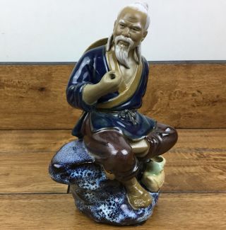 Vintage Chinese Mud Man Ceramic Figurine Sitting Man Art Pottery 7 "