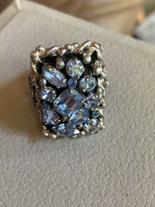 Vintage Signed Barclay Prong Set Blue Rhinestone Adjustable Cocktail Ring