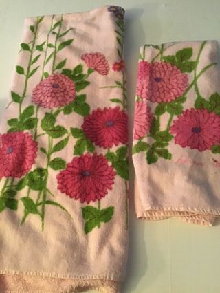2 Vintage Martex 98 Cotton Pink Floral Bath And Hand Towel Towels Hanae Mori