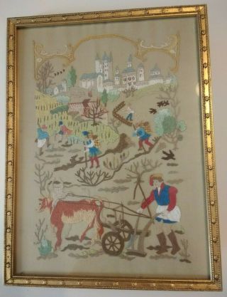 Vintage Crewel Embroidery Framed Art Medieval Farm Scene Castle - Fine Detail
