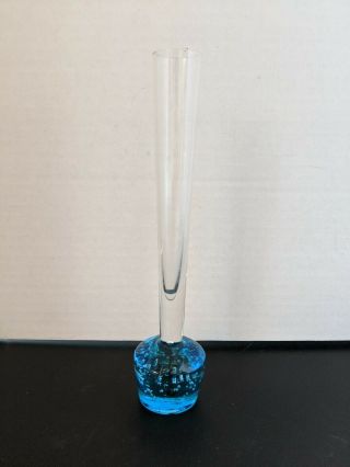 Vintage Clear Glass Bud Vase With Peacock Blue Base With Bubbles 8” Tall