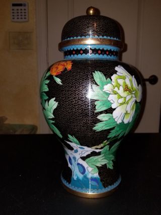 Gorgeous 14 " Antique Cloisonne Vase With Lid Black Ground