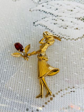 Vintage Gold Fashioned Girl Brooch With Red And White Rhinestones.
