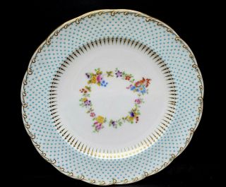 Antique Mintons Porcelain Plate Jeweled Aqua Dotted Rim Gold Gilt,  Flowers 1908