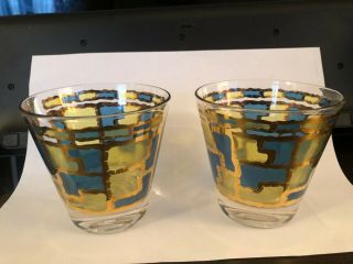 Vintage Set Of (2) Culver Lowball / Whiskey Glasses - 22k Gold W/ Blue & Green
