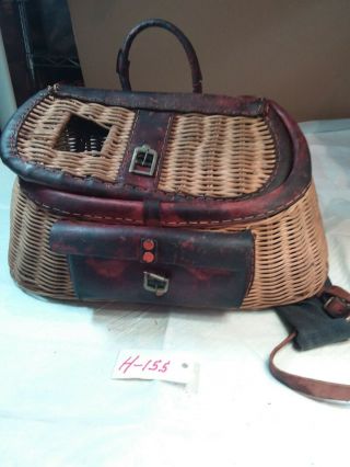 Vintage Wicker Fishing Creel With Leather Trimming
