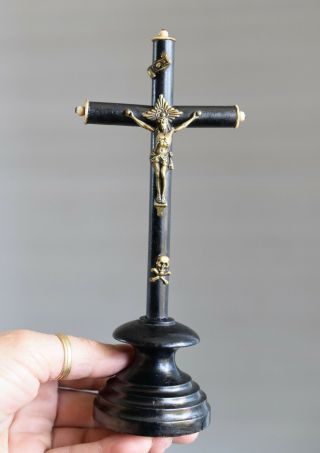 ⭐ antique religious cross on the base - crucifix,  bronze Christ/skull bone,  19th C 2