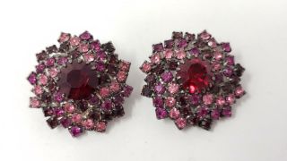 Vintage Red Pink Purple Flower Swirl Rhinestone Clip On Earrings