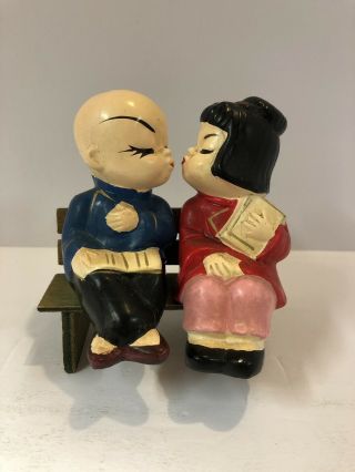Vintage Asian Kissing Salt & Pepper Shakers Chinese Boy & Girl On A Bench Retro