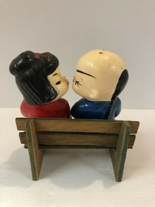Vintage Asian Kissing Salt & Pepper Shakers Chinese Boy & Girl On A Bench Retro 3