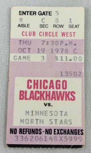 Nhl 1978 10/19 Minnesota North Stars At Chicago Blackhawks Hockey Ticket Stub