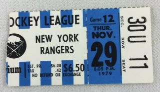 Nhl 1979 11/29 York Rangers At Buffalo Sabres Hockey Ticket Stub