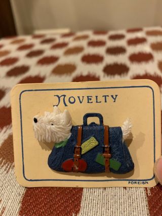 Vintage 1940’s Novelty Scotty Dog In Suitcase Plastic Pin