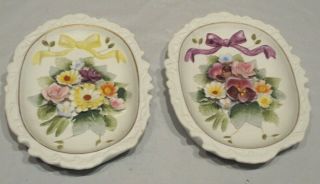 Vintage Lefton China Flower Wall Plaque Pair Kw3644,  Both With Foil Tag