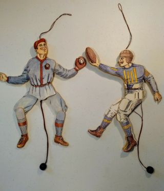 Vintage Wood Midwest Pull String Toy X - Mas/decor Ornament Football - Baseball