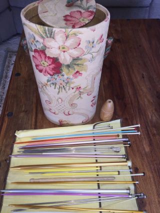 Vintage Knitting Yarn Sewing Canister Case Tote With Assorted Needles,  Floral
