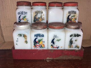 Vintage Milk Glass Spice Jar Set With Red Metal Tops And Rack