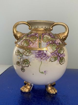 Antique Nippon Vase Purple Violets Gold Beading Footed