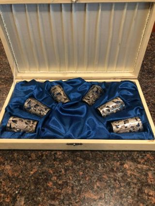 Vintage Mexico Sterling Silver Overlay Shot Glasses Cordial Liquor Set 6