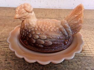 Vintage Mosser Hen On A Nest Dish Caramel Slag Glass Brown Swirl Signed M