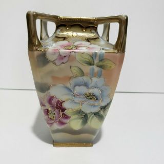 Antique Imperial Nippon Hand Painted Flowered Vase With Gold 4 Handles & Stamped