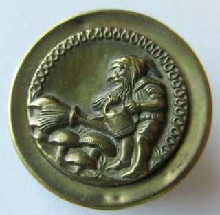 Spectacular Large Antique Vtg Metal Picture Button Gnome Watering Mushrooms (h)