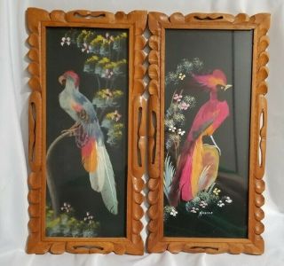 2 Vintage Mexican Bird Feather Craft Framed Art 7.  75x15.  5