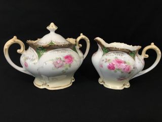 Antique Rs Prussia Hand Painted Pink Rose Floral Creamer & Sugar Jar W/ Lid